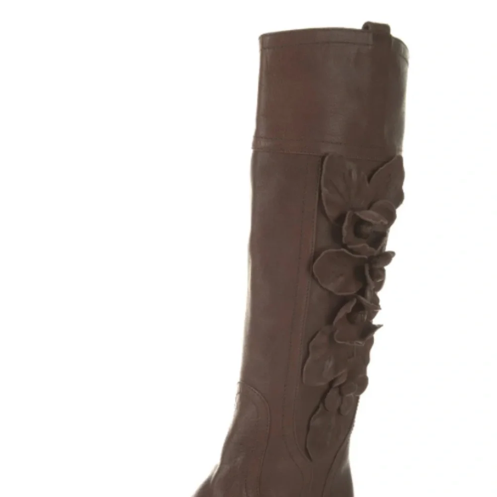Valentino Garavani brown leather floral appliqué riding knee-high boots size 38.